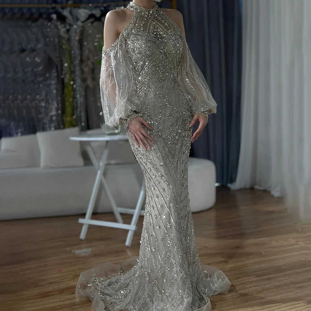 Elegant Sage Green Halter Neck Beaded Evening Dress LA72737