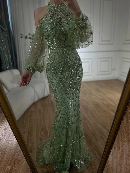Elegant Sage Green Halter Neck Beaded Evening Dress LA72737