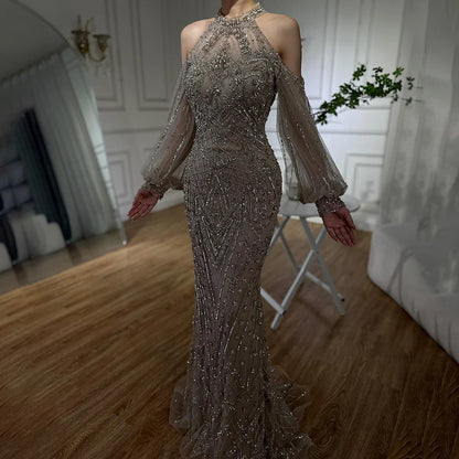 Elegant Sage Green Halter Neck Beaded Evening Dress LA72737