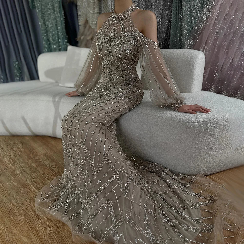 Elegant Sage Green Halter Neck Beaded Evening Dress LA72737
