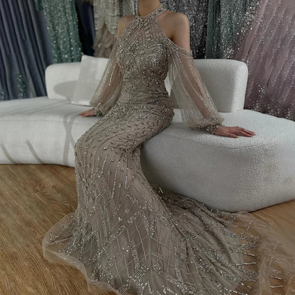 Elegant Sage Green Halter Neck Beaded Evening Dress LA72737
