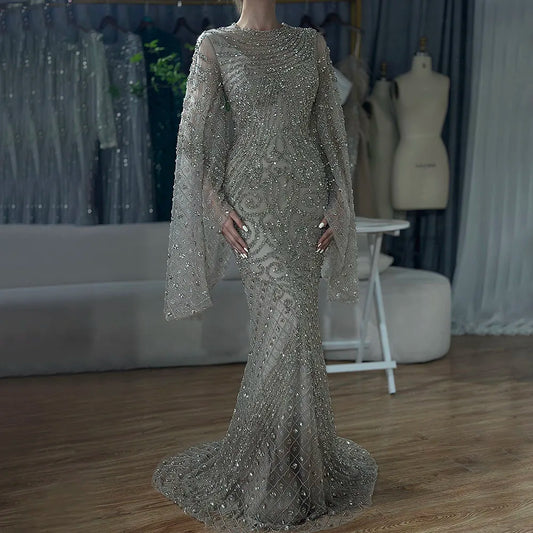 Luxury Flared Sleeves Caramel Beaded Mermaid Evening Dress LA72771