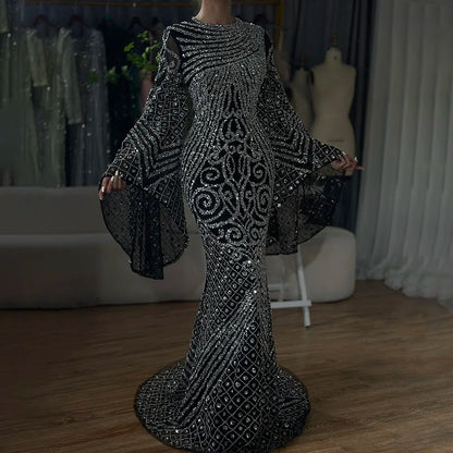 Luxury Flared Sleeves Caramel Beaded Mermaid Evening Dress LA72771