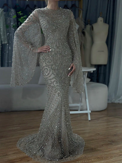 Luxury Flared Sleeves Caramel Beaded Mermaid Evening Dress LA72771