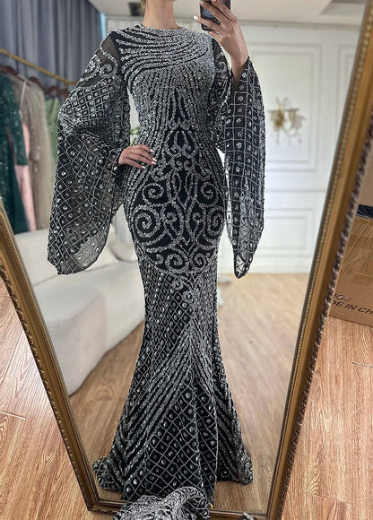 Luxury Flared Sleeves Caramel Beaded Mermaid Evening Dress LA72771