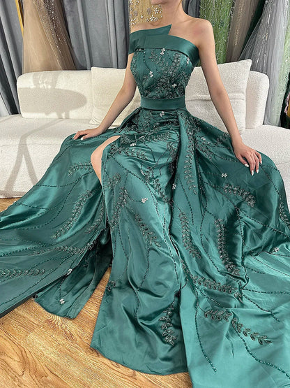 Luxury Dubai  Green Arabic One-Shoulder Satin Evening Gown Beaded Dress with Overskirt and Split for Formal Occasion LA72178