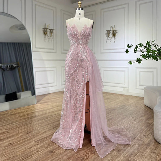 Serene Hill  Light Pink Spaghetti Strap Evening Dresses Gowns Mermaid Beaded Elegant Overskirt For Women Party LA72378A