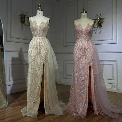 Serene Hill  Light Pink Spaghetti Strap Evening Dresses Gowns Mermaid Beaded Elegant Overskirt For Women Party LA72378A