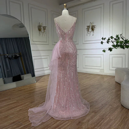 Serene Hill  Light Pink Spaghetti Strap Evening Dresses Gowns Mermaid Beaded Elegant Overskirt For Women Party LA72378A