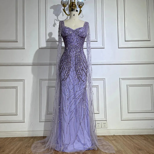 Serene Hill  Lilac Cape Sleeves Mermaid Lace Beaded Luxury Dubai Long Evening Dresses Gowns for Women Wedding Party LA72697