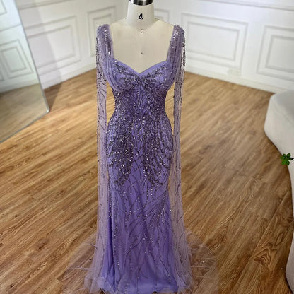 Serene Hill  Lilac Cape Sleeves Mermaid Lace Beaded Luxury Dubai Long Evening Dresses Gowns for Women Wedding Party LA72697