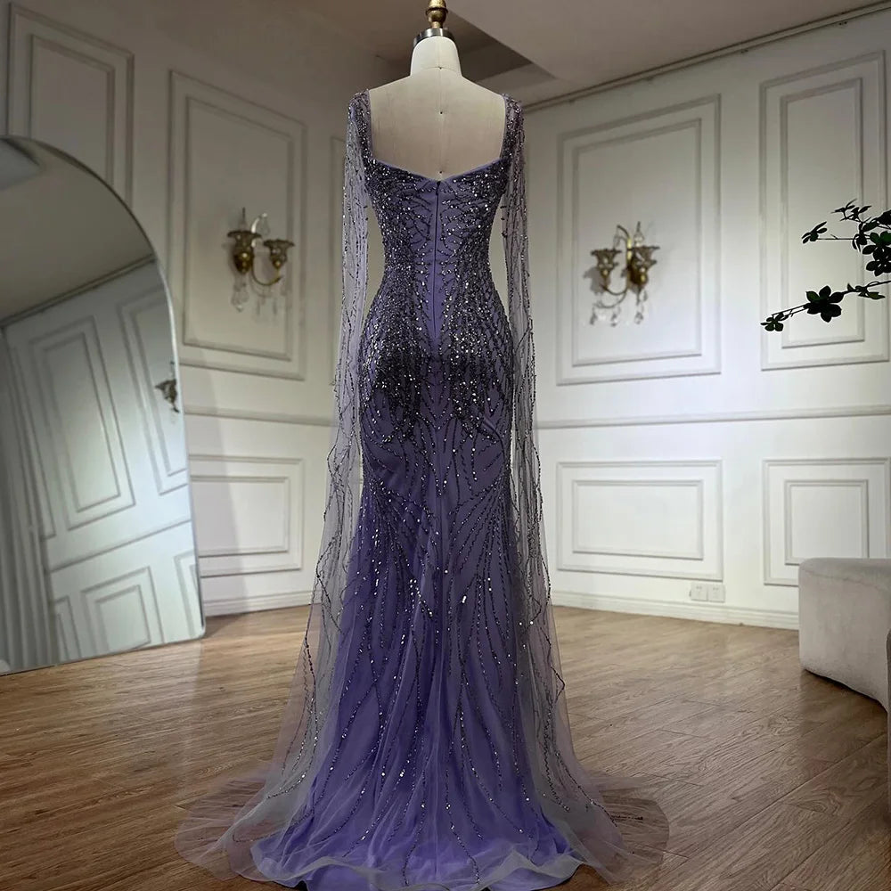 Serene Hill  Lilac Cape Sleeves Mermaid Lace Beaded Luxury Dubai Long Evening Dresses Gowns for Women Wedding Party LA72697