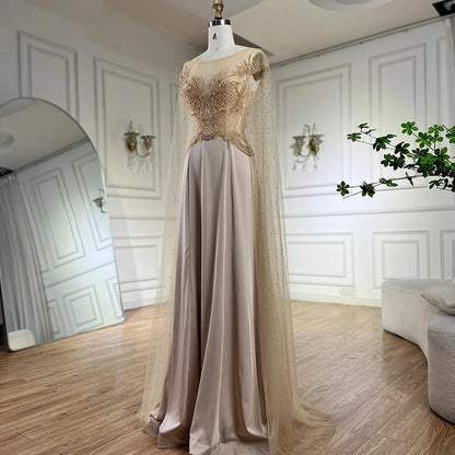 Serene Hill  Nude Cape Sleeves Satin A Line Lace Beaded Luxury Dubai Evening Dresses Gowns for Women Wedding Party LA72702