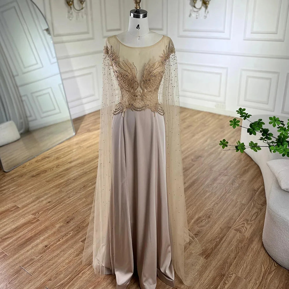 Serene Hill  Nude Cape Sleeves Satin A Line Lace Beaded Luxury Dubai Evening Dresses Gowns for Women Wedding Party LA72702