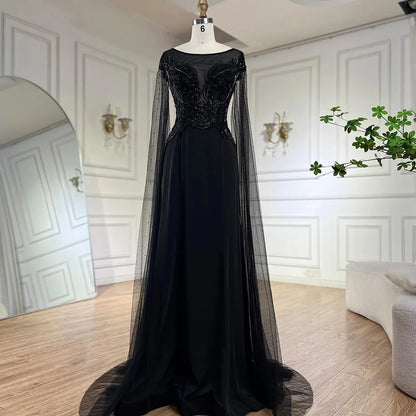 Serene Hill  Nude Cape Sleeves Satin A Line Lace Beaded Luxury Dubai Evening Dresses Gowns for Women Wedding Party LA72702