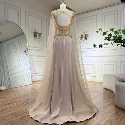 Serene Hill  Nude Cape Sleeves Satin A Line Lace Beaded Luxury Dubai Evening Dresses Gowns for Women Wedding Party LA72702
