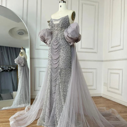Pearls Purple Mermaid Evening Dress with Cape Sleeves LA72653