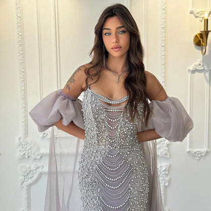 Pearls Purple Mermaid Evening Dress with Cape Sleeves LA72653