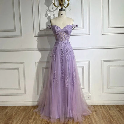 Serene Hill 2025 Lilac Spaghetti Strap Lace-Up Back A-Line Appliqué Prom Dress for Women | Wedding Party LA72620