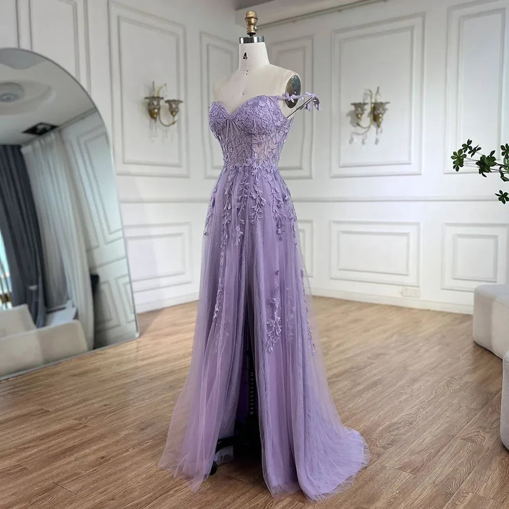 Serene Hill 2025 Lilac Spaghetti Strap Lace-Up Back A-Line Appliqué Prom Dress for Women | Wedding Party LA72620
