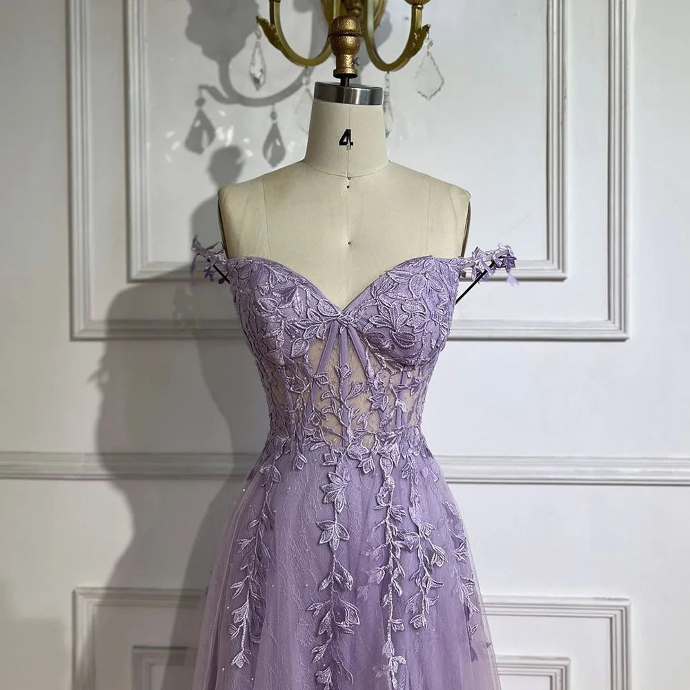 Serene Hill 2025 Lilac Spaghetti Strap Lace-Up Back A-Line Appliqué Prom Dress for Women | Wedding Party LA72620