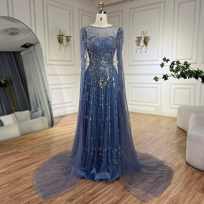 Luxury Designer Blue Beaded Stone Arabic Evening Dress With Cape Sleeve  LA72635
