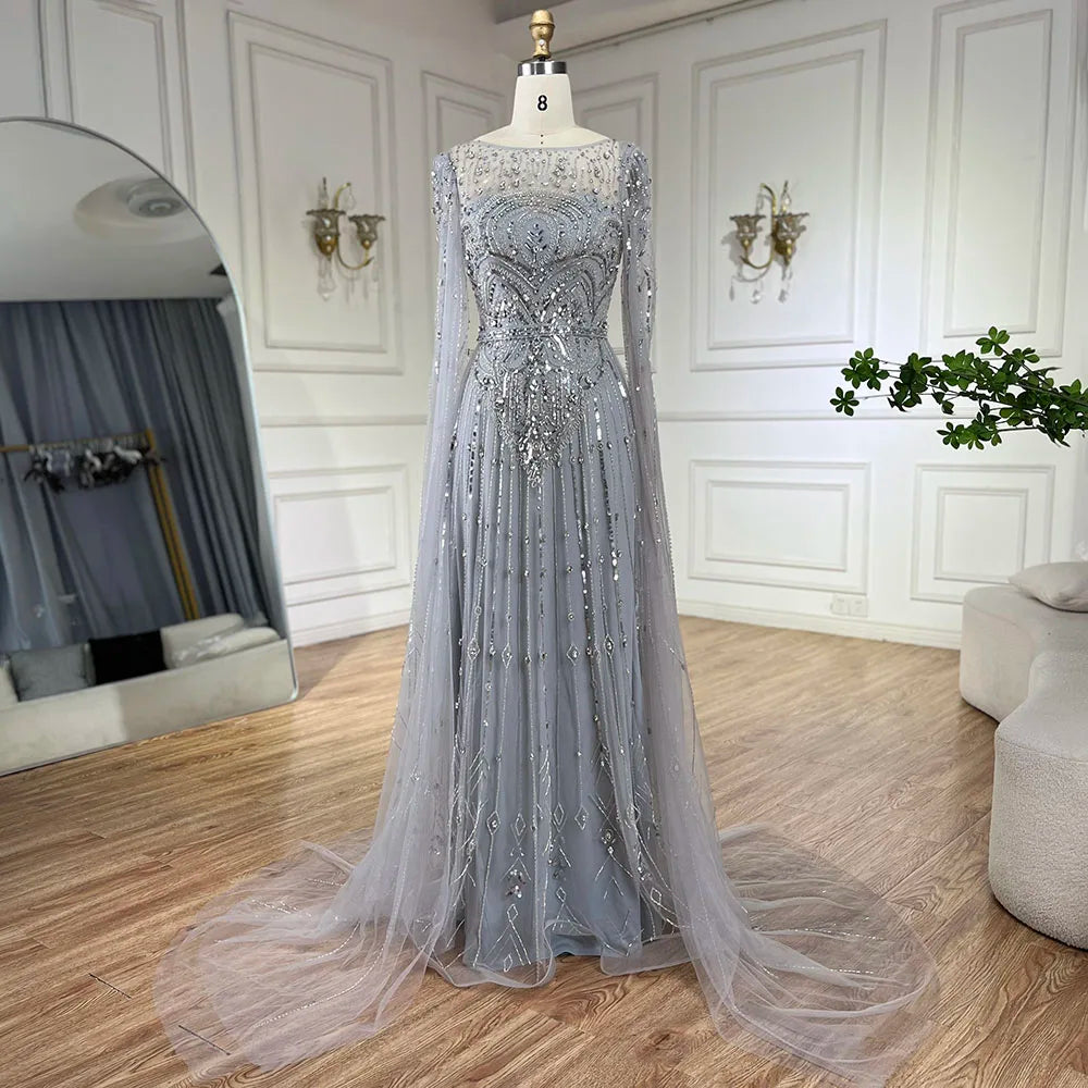 Luxury Designer Blue Beaded Stone Arabic Evening Dress With Cape Sleeve  LA72635
