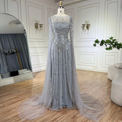 Luxury Designer Blue Beaded Stone Arabic Evening Dress With Cape Sleeve  LA72635