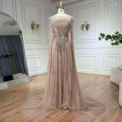 Luxury Designer Blue Beaded Stone Arabic Evening Dress With Cape Sleeve  LA72635