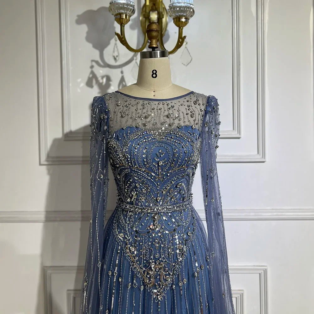 Luxury Designer Blue Beaded Stone Arabic Evening Dress With Cape Sleeve  LA72635