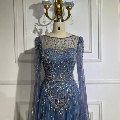 Luxury Designer Blue Beaded Stone Arabic Evening Dress With Cape Sleeve  LA72635