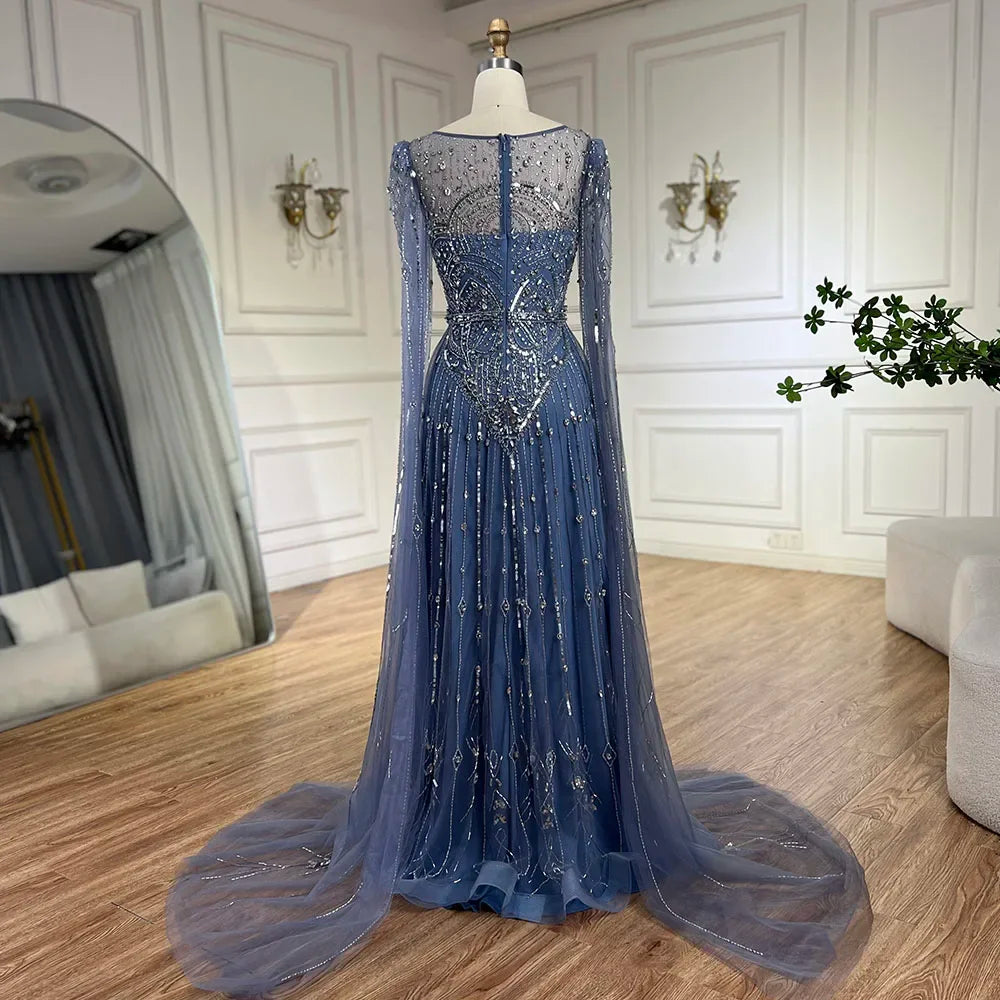 Luxury Designer Blue Beaded Stone Arabic Evening Dress With Cape Sleeve  LA72635