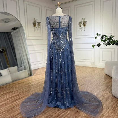 Luxury Designer Blue Beaded Stone Arabic Evening Dress With Cape Sleeve  LA72635