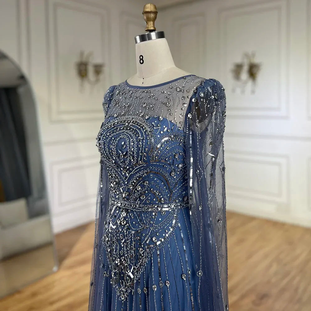 Luxury Designer Blue Beaded Stone Arabic Evening Dress With Cape Sleeve  LA72635