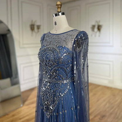 Luxury Designer Blue Beaded Stone Arabic Evening Dress With Cape Sleeve  LA72635