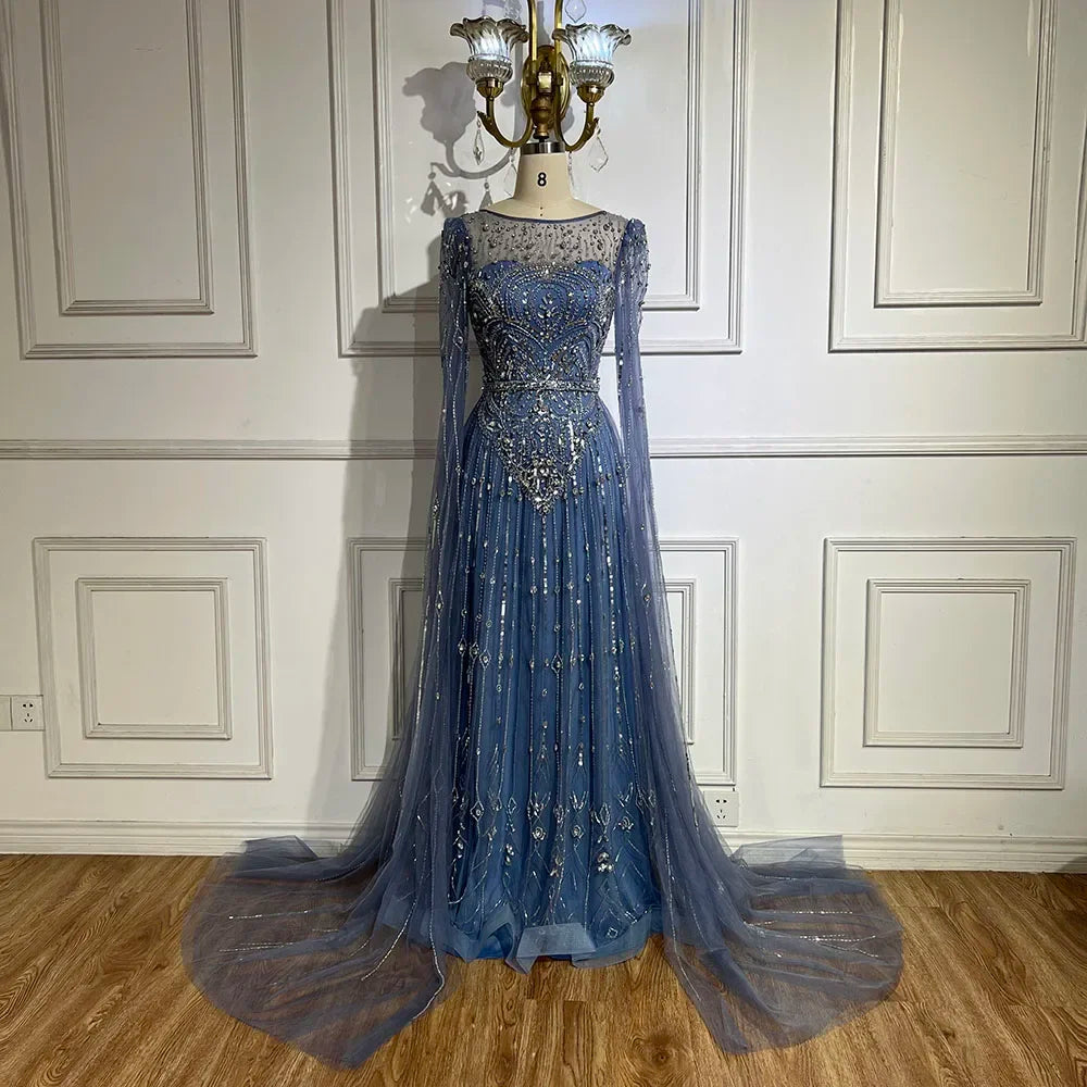 Luxury Designer Blue Beaded Stone Arabic Evening Dress With Cape Sleeve  LA72635