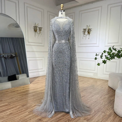 Luxury Gray Arabic Mermaid Evening Dress with Cape LA72180
