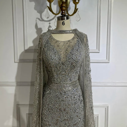 Luxury Gray Arabic Mermaid Evening Dress with Cape LA72180