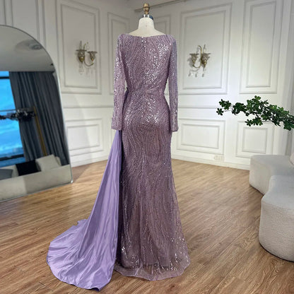 Serene Hill 2025 Luxury Dubai Lilac  Mermaid Dress with Satin Overskirt Beaded Evening Gown for Women Wedding Party LA72534