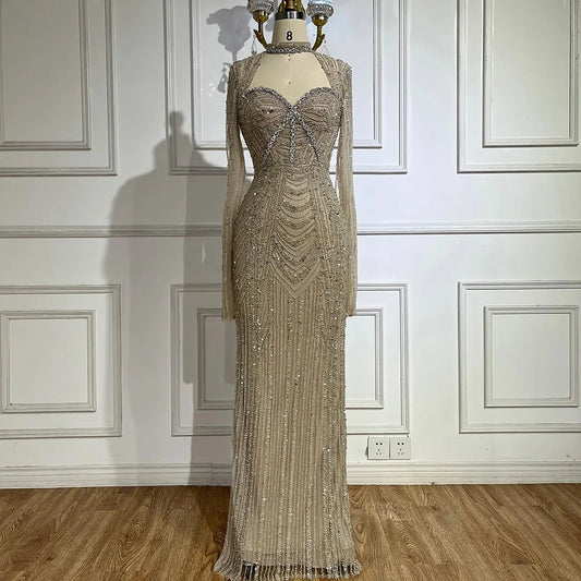 Serene Hill  Luxury Dubai Nude Sweetheart Mermaid Beaded Evening Gowns with Back Split for Women's Party LA72560A