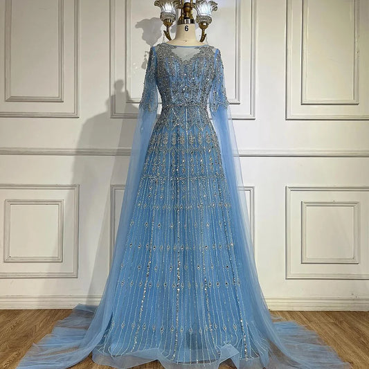Serene Hill  Muslim A-Line Blue Beaded Luxury Evening Gowns with Cape Sleeves for Women's Party Dubai LA72666