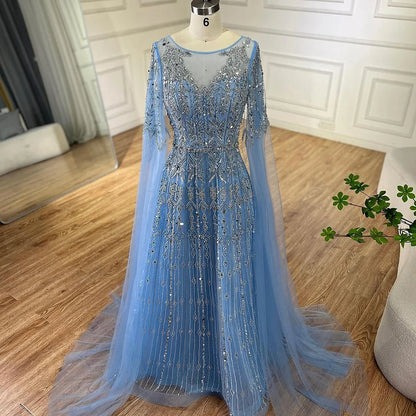 Serene Hill  Muslim A-Line Blue Beaded Luxury Evening Gowns with Cape Sleeves for Women's Party Dubai LA72666