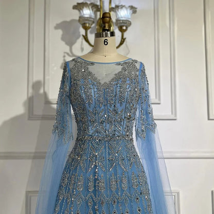 Serene Hill  Muslim A-Line Blue Beaded Luxury Evening Gowns with Cape Sleeves for Women's Party Dubai LA72666