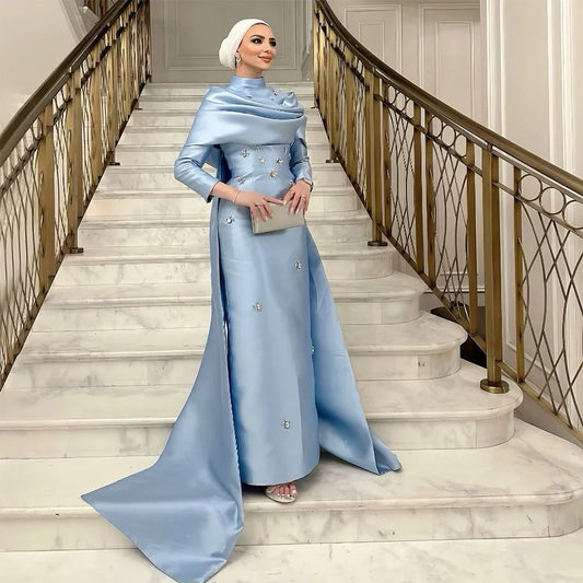 Modest Blue Satin Beaded Mermaid Evening Dress with Overskirt LA72414M