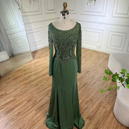 Serene Hill  Muslim Elegant Green Satin Mermaid Beaded Luxury Dubai Evening Gown for Women's Party LA72700