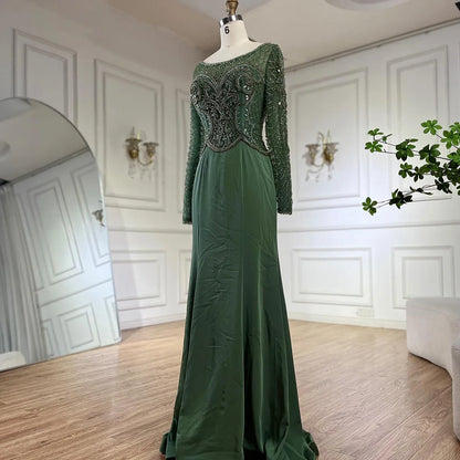 Serene Hill  Muslim Elegant Green Satin Mermaid Beaded Luxury Dubai Evening Gown for Women's Party LA72700