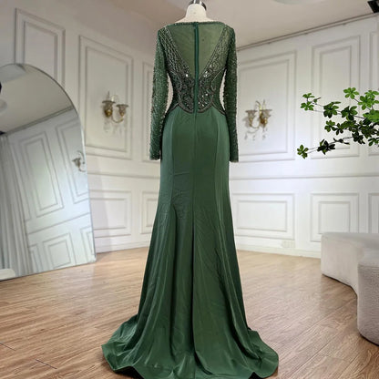 Serene Hill  Muslim Elegant Green Satin Mermaid Beaded Luxury Dubai Evening Gown for Women's Party LA72700