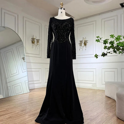 Serene Hill  Muslim Elegant Green Satin Mermaid Beaded Luxury Dubai Evening Gown for Women's Party LA72700