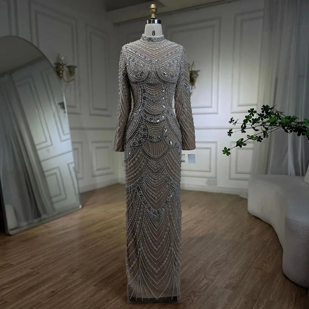 Muslim Nude Elegant Mermaid High Split Beaded Luxury Evening Dress Gown LA72091L