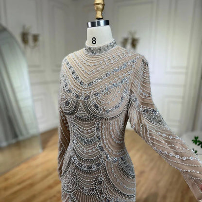 Muslim Nude Elegant Mermaid High Split Beaded Luxury Evening Dress Gown LA72091L